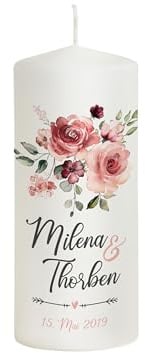 Scheinvoll® Hochzeitskerze Rosen in Rot mit Namen, Datum und Spruch - Modell Milena - Wunderschöne Vintage Kerze (20 x 8 cm)