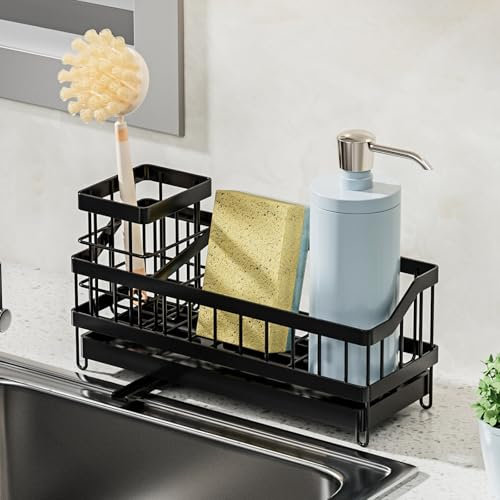 Cunbayi Kitchen Sink Caddy Organiser, Sponge Holder with Removable Brush Holder Sink Storage Rack with Self Drainage Tray,Dishcloth Hanger Black