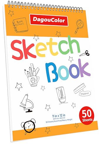 DagouColor 50 fogli Sketch Book Quaderno da Disegno Spiralato per Bambini, Carta Senza Acidi, Album da Disegno, Album per Schizzi per Artisti Principianti, 22.9CMX30.5CM