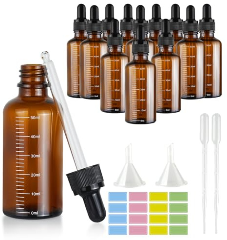 GOTDYBST 12 Stück 50ml Pipettenflasche, Braunglasflasche Anti-UV | Apothekerflasche, Komplettes Zubehör, Dropper Bottle für Ätherische Öl, Parfümöle, Aromatherapie, Düfte, Flüssigkeit