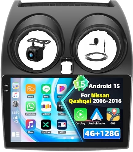 4+128G Android 15 Radio para Nissan Qashqai J10 2006-2016 Pantalla Radio Coche 9 Pulgadas con CarPlay Inalámbrico Android Auto Bluetooth 5.0 FM/RDS GPS WiFi SWC 32EQ Cámara de Visión Trasera