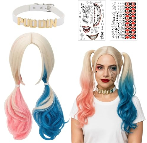 Rosa und Blaue Lange Lockige Perücken für Frauen, Perücke Cosplay und Damen, Pink und Blau Wig für Halloween, Karneval und Kostümpartys, 4 Teile Set mit Halsband und Tattoo-Aufklebern
