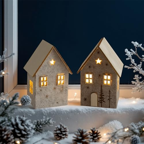 Spetebo LED Filz Winterhaus mit Holzdach 2er Set - 10 x 7 cm | Inklusive Batterie, Warm weiß beleuchtet, Deko Weihnachtsdorf, Weihnachts Tischdeko, Aufsteller Weihnachtsstadt