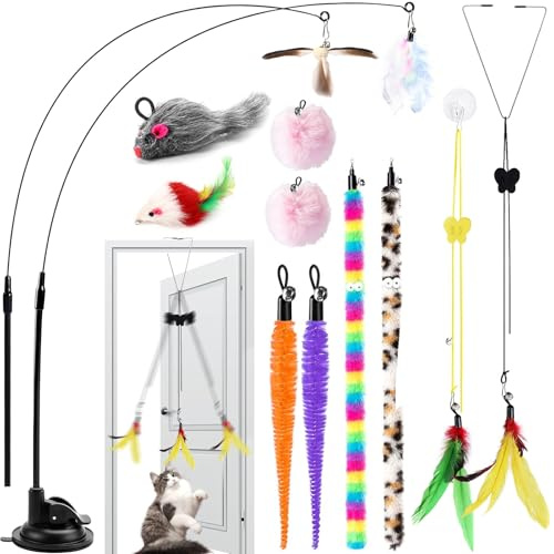 UGBO Interaktives Katzenspielzeug Hängende Türrahmen Spielmaus für Katzen Spielzeug 19 Stück Katzenangel Mit Saugnapf Angel Katze Cat Toys Katzenspiel Maus Simucatstick Kätzchen Zauberstab