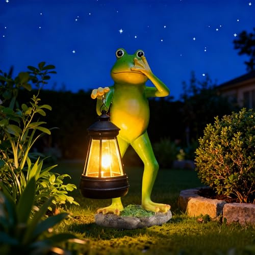 Editbar Outdoor Solar Frosch Garten Dekoration - Kunstharz Froschskulptur mit Solarleuchte für Balkon, Froschskulptur aus Kunstharz,Gartenfrosch Deko Geschenk, für Zimmer im Freien Garten Balkon