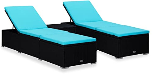 Teenpull 3-TLG. Garten-Sonnenliegen Set, Poly Rattan Schwarz, verstellbare Chaiselongue mit blauem Kissen, wetterbeständiger Lounge Chair für Terrasse, Pool und Outdoor-Bereich