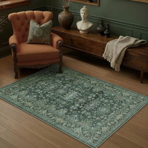 PureCozy Vintage Teppich Wohnzimmer 80x150cm Grün Schlafzimmer | Wohnzimmerteppich Waschbarer Carpet,Weich Rutschfest Teppiche,Esszimmer Büro Kurzflor Groß Tepich Carpets Rug