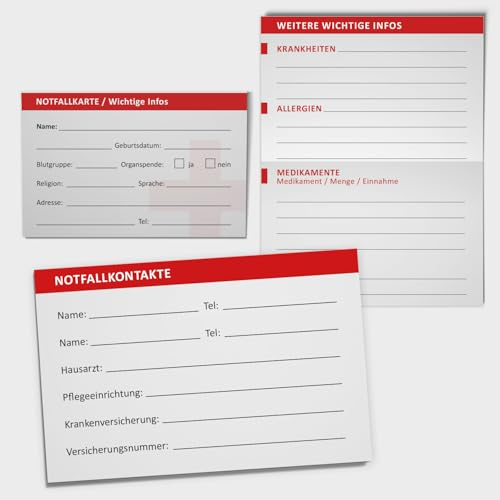 iSecur 10er Set Notfall Kontaktkarten faltbar 85 x 55 mm - hin873 | Notfallkarte für Portemonnaie, Kontakt ICE Allergien Medikamente Blutgruppe, 350 g Papier, für Familie Senioren Reisen