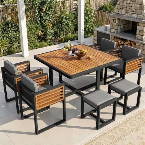 Merax Gartenmöbel Set 6 Personen – Gartentisch mit Stühlen Set aus massivem Akazienholz, Sitzgruppe Outdoor, Balkonmöbel Set für Terrasse & Garten, Hochwertige Essgruppe