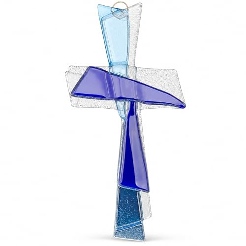 Lunexus Glaskreuz Wandkreuz 27 cm Blau - Taufkreuz Kommunionkreuz religiös | Handgefertigt aus Glas, 27x12 cm, 200g - für Mädchen & Jungen - zu Taufe, Kommunion, Firmung - aus Deutschland, geweiht