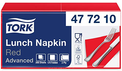 Tork 477210 Lunchservietten Rot / 2-lagige Servietten für kleine Gerichte & Snacks / Advanced Qualität / 10 x 200 (2000) Papierservietten / 32,6 x 33 cm (B x L) / 1/4-Falz