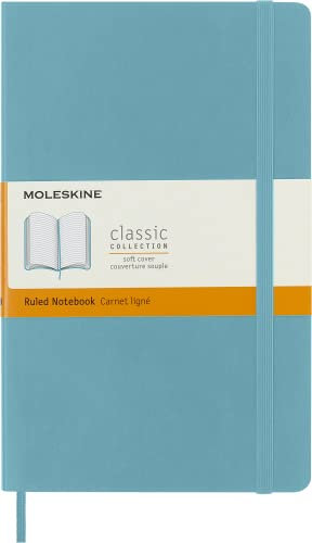 Moleskine Klassisches Notizbuch, Liniertes Notizbuch, Weicher Einband und Elastischer Verschluss, Großes Format 13 x 21 cm, Farbe Türkisblaues Riff, 192 Seiten