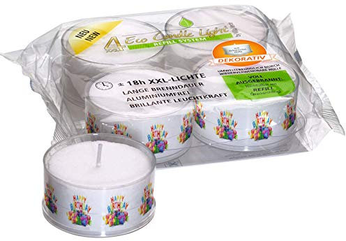 Smart-Planet® Kerzen Ambiente - 4 große ECO Teelichter XXL in Transparenter Hülle mit Happy Birthday Motiv - Geburtstagskerze Nachfüllbar