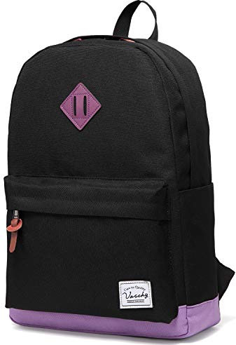 VASCHY Rucksack, Wasserabweisend 15.6 Zoll Daypack Dame Schulrucksäcke Mädchen Jungen Teenager Herren Rücksack Tagesrucksack für Reisen Arbeit Täglicher Schwarz und Lila