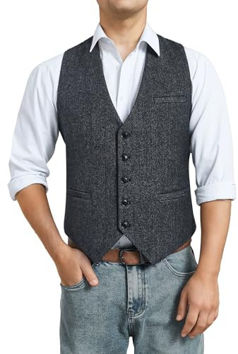 HISDERN Gilet da Uomo Tweed Elegante Abito Gilet Lana Formale Matrimonio Gilet Senza Maniche Gilets per Uomo Carbone XL
