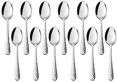 HaWare Teaspoons Set of 12, Small Stainless Steel Hammered Dessert Coffee Spoon for Home, Restaurant, Kitchen, Round Edge & Mirror Polished, Dishwasher Safe - 15cm