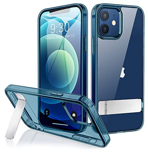 JETech Hülle Kompatibel mit iPhone 12 Mini 5,4 Zoll mit Ständer, Unterstützung Kabelloses Laden, Dünne Stoßfeste Stoßstange Handyhülle, 3-Wege-Metallständer (Navy)