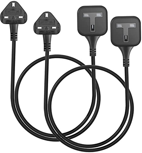 HITRENDS 2-Pack 1 Way Extension Lead 1M, Single Socket Extension Lead, UK 3 Pin Plug Power Strip(13A,3250W Max), Sturdy Plug Extension for Travel, Home, Office, Black