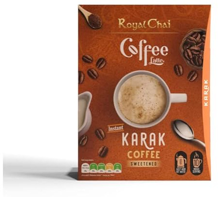 Royal Chai | Coffee Latte | Karak Coffee Unsweetened | Just Add Hot Water | 10 Single Serving Sachets | 140g | Pack of 5 Case