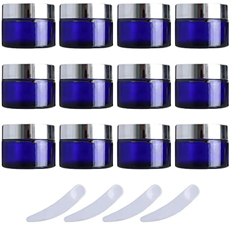 LusDoly 12 pièces 50ml Flacon en verre Bleu Récipient Crèmes Pots, avec Argent Bouchon à vis, pour Aromathérapie Produits cosmétiques Baume À Levrès et Crème