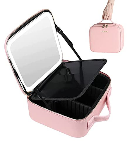 Kosmetiktasche mit Spiegel und licht,tragbare Reise Kosmetiktasche mit led Spiegel,wasserdichte, helligkeitsverstellbare schminktasche mit Make-up-Pinsel-Aufbewahrungstasche