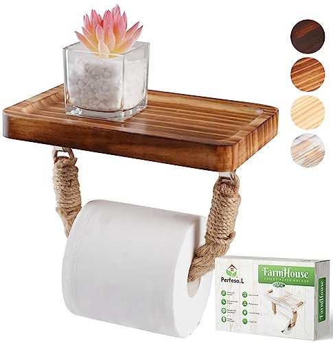 Perfeso.L Farmhouse Toilettenpapierhalter mit Ablage, groß, nautisches rustikales Seil für Strand, Bauernhaus, Badezimmer-Dekor, Toilettenpapierrollenhalter, Holz, Badezimmer-Zubehör,