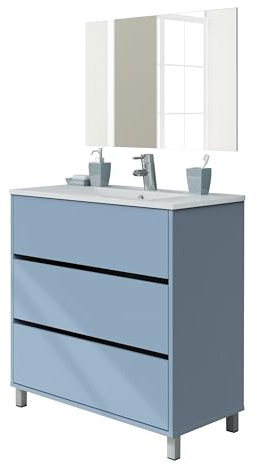 Muebles Pitarch | Ensemble meuble de salle de bain avec lavabo en céramique et miroir inclus, Bleu, 3 tiroirs, largeur 80cm, avec pieds, pour lavabo encastré, style Moderne, modèle Kalma