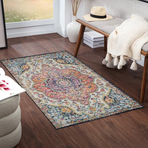 Livabliss Rabat Vintage Rug - Runner Rugs Living Room 80x150 cm, Hallway, Kitchen Area - Traditional Multicoloured Boho Style, Easy Care - Bohemian Large Rug, Fuchsia, Orange and Blue