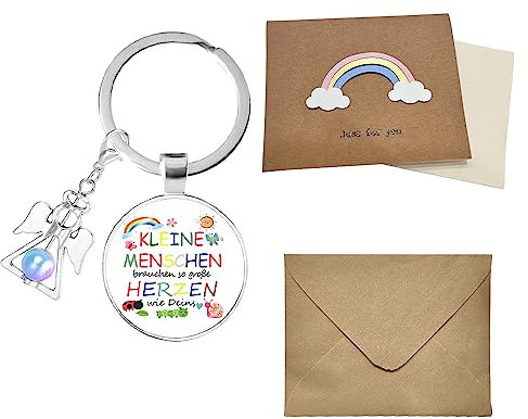 JPGhaha 2 Stück KLEINE MENSCHEN brauchen so große HERZEN wie Deins Schlüsselanhänger mit Tagesmütter mit Perlenengel Grußkarten für Geburtstag Weihnachten Geschenk Schutzengel