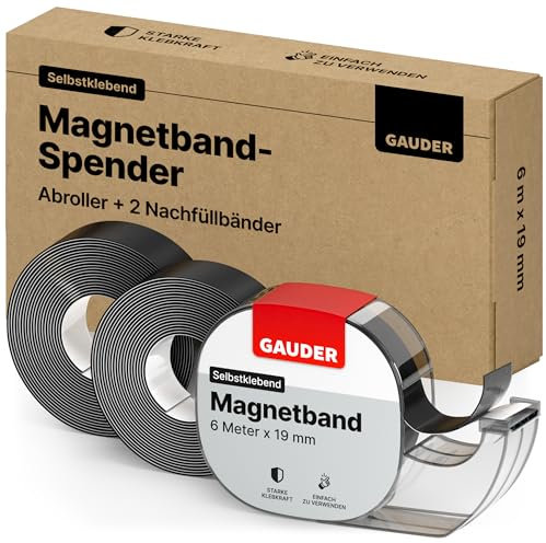 GAUDER Magnetband im Spender - Selbstklebender Magnetstreifen - Zuschneidbare Magnetbandrolle zum Befestigen von leichten Gegenständen auf Metallflächen (6 m x 19 mm + 2 Nachfüllrollen)