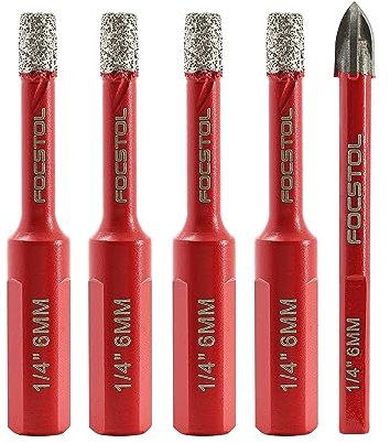 FOCSTOL Juego Brocas Diamante Seco - 4 piezas 6mm Kit Broca Corona Diamante+1 pieza 6mm Taladro Carburo con Vástago Triangular para Gres Porcelanico Cerámica Granito Mármol Cuarzo