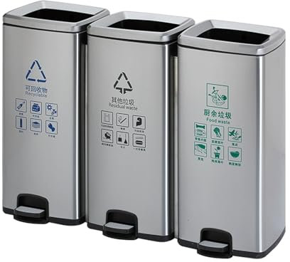 NRNQMTFZ Extérieur Grande Poubelle,poubelle à pédale avec 3 compartiments, seau intérieur et 6 autocollants pour tri des déchetls,Poubelle de collecte différenciée(90L)