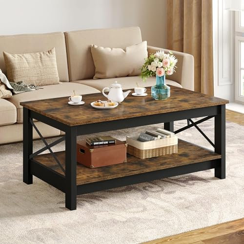 YITAHOME Couchtisch, Wohnzimmertisch, 2-stöckiger Dicker Holz Rechteckiger Couchtisch, X-Form Metal Side Support, Stabil 100x55,3x45 cm