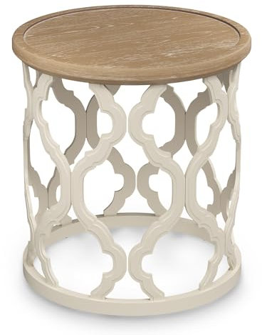 VONLUCE Farmhouse End Table, 45 cm Round French Country Side Table, Distressed Wood Tray Top Rustic Accent Table with Lipped Edge for Living Room Dining Room Bedroom, Small Space, Beige