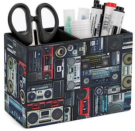 GERRIT Stifthalter für den Schreibtisch, Retro-Musik, 80er-Jahre-Bleistifthalter, PU-Leder, Stift-Organizer, niedlicher Make-up-Pinselhalter für Schule, Uni, Büro