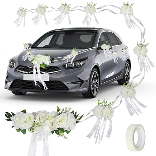 jwogngls Weiße Autoschmuck Hochzeit, Hochzeitsdeko Auto mit Saugnäpfen, Enthalten 9 Cluster von Seidenblumen, Auto Deko für Hochzeit Empfang Zeremonie