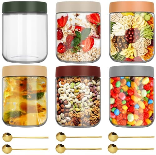 TEGOVE 6 Pcs Overnight Oats Gläser,500ml Einmachgläser,Wiederverwendbare Marmeladengläser mason jar,Müslibechermit 6 goldenen Löffeln für Oats Pudding Marmelade Salat Joghurt