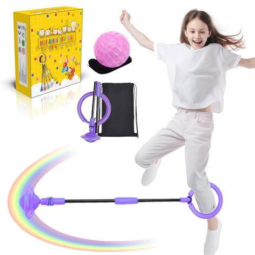Anyingaki Springring Fußkreisel Kinder,Swing Wheel mit Lichtrad,Fußkreisel mit Licht,2 Stück Kinder Blinkender Springring und Ball mit Schnur,Sport Spielzeug für Kinder (Lila)