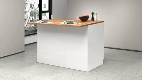 Dmora - Îlot de Cuisine Emmanuel, Armoire Polyvalente, Meuble de kitchenette, Table auxiliaire, 100% Made in Italy, 125x90h90 cm, Blanc Brillant et chêne