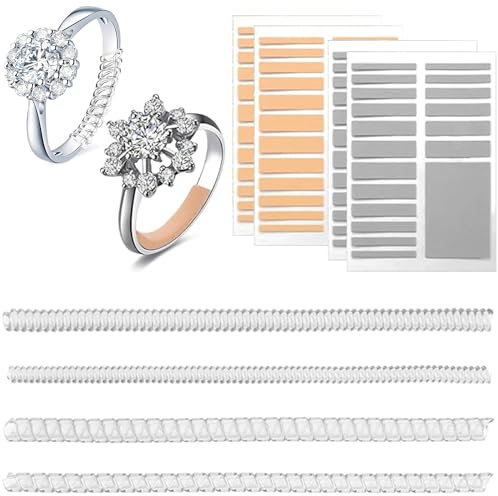 8 pièces Ajusteur de taille de bague invisible, Ajusteurs pour Bagues en forme de spirale pour bagues lâches, Reducteur Bague Silicone, pour homme et femme Or argenté