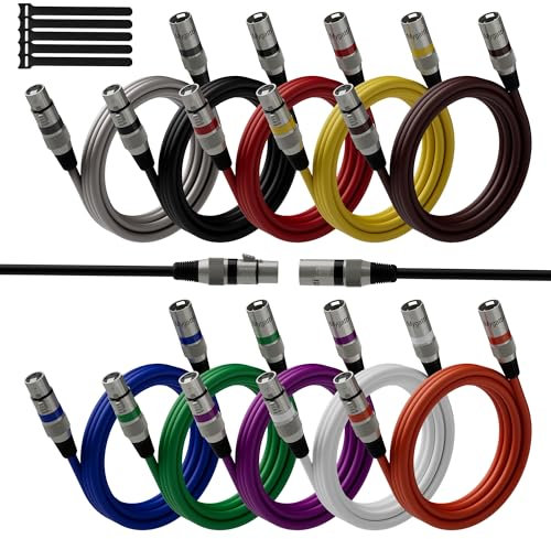Cavo per microfono XLR Bilanciato 3 m(10 Pezzi,multicolore),da maschio a femmina,schermatura a 3 pin,cavo patch DMX,con soppressione EMI e RFI,compatibile con amplificatore,altoparlante+5 fascette