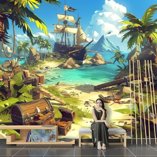 Fototapete 3D Effekt Pirat Schiff Meer Palmen Bäume Wohnzimmer Schlafzimmer Tapete Wandtapete Hohe Auflösung Montagefertig