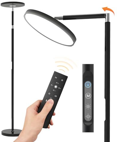 KALAHOL LED Uplighter Floor Lamp, Remote Touch Control & 1 Timer, Dimmable 112LEDs 5 Colour Temperatures 9 Brightness Levels 360° Rotatable Reading Standing Lamp for Living Room Study Office (Black)