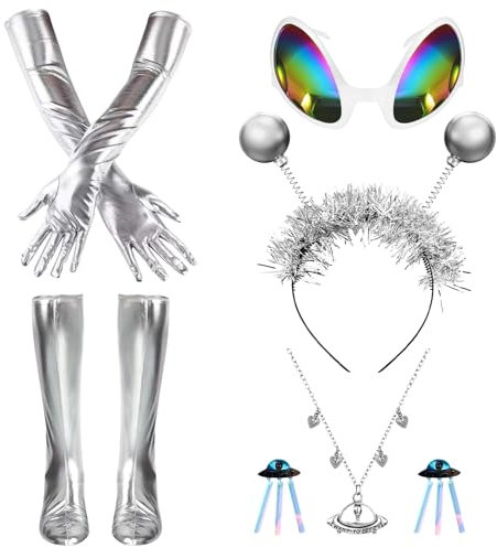 LETTERASHQP Alien Haarreif silber Haarreif Alien Silber Alien Kostüm Set Kopfschmuck Accessoire & Deko Alien Ohrringe Haarschmuck für Damen Herren & Kinder