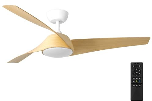 NORHES Zelha Ventilador Techo Blanco/Efecto Madera. Luz Led 24W Neutra/Cálida/Extra Cálida. Motor DC. 3 Aspas ABS Ø132cm. Verano/Invierno. 6 Velocidades. Control Remoto Temporizador. Silencioso. Brisa
