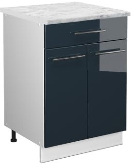 Vicco Küchenunterschrank Fame-Line, Dunkelblau Hochglanz/Weiß, 60 cm mit Schublade, AP Marmor