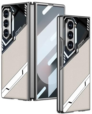 LUOTILAG Ständer Hülle Für Samsung Galaxy Z Fold 6, mit Displayschutzfolie Handyhülle Rundumschutz Überzug Ultra -Dünne Lederhülle,Gold