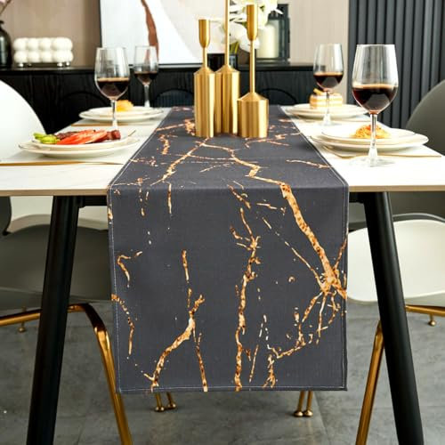 Jayusaror Tischläufer Modern Herbst Grau und Gold Leinen Marmor Goldene Textur Abstrakte Kunst Waschbarer Tischläufer für Kaffee, Esszimmer, Kommode, Beistelltisch, Schlafzimmer, 40 x 140 cm