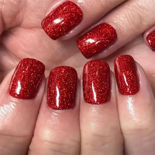 EONFAVE 24Pcs Short Square Gel False Nails - Glitter Red French Style Design - Eco-friendly Material - 12 Sizes - 24 Nails per Set - 1 Pack