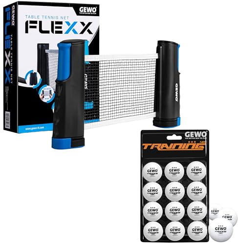 Bundle aus GEWO Table Tennis Net FleXX - Tischtennisnetz für Jeden Tisch + GEWO Training 40+ Tischtennisbälle - 3 Sterne Tischtennis-Ball aus ABS Plastik mit Naht, Vorratspackung mit 12 Stück, weiß